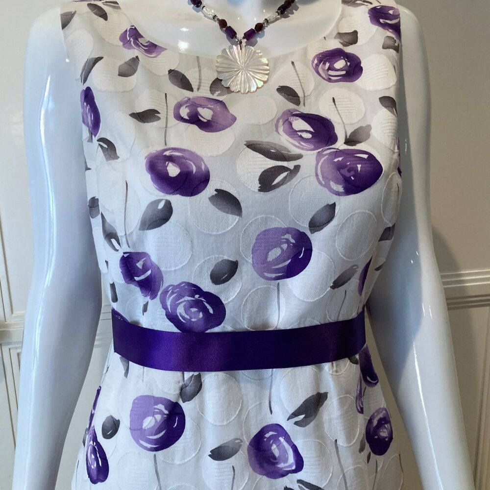 Precis White Purple Floral Cotton Lined Dress Sash UK 14 (Size 10 US) - Picture 4 of 5